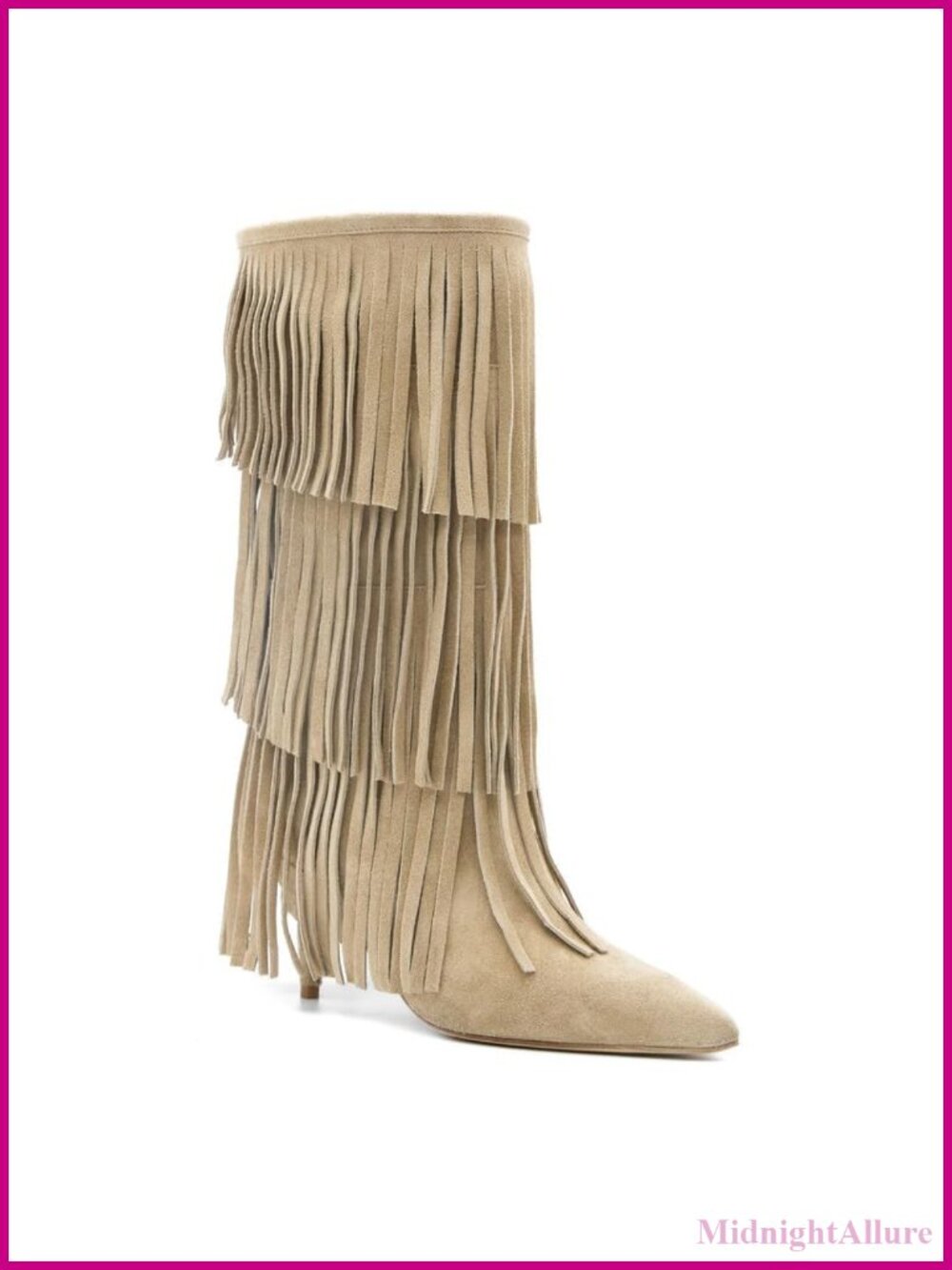 Fringe Knee High Western Boots Suede Kitten Heel Pointed Toe Cowgirl Boot